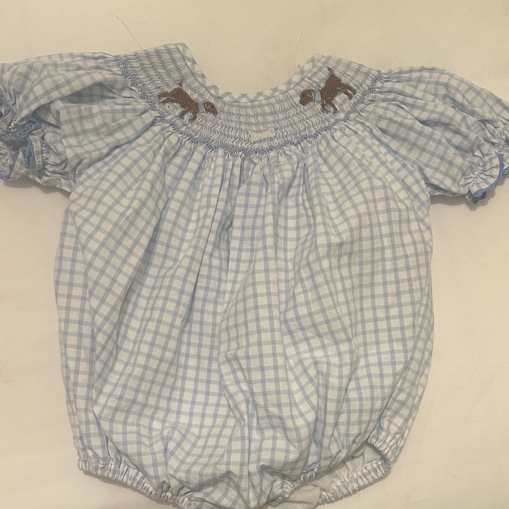 Smockingbird Light Blue Chocolate Labrador Bubble Romper (12m)